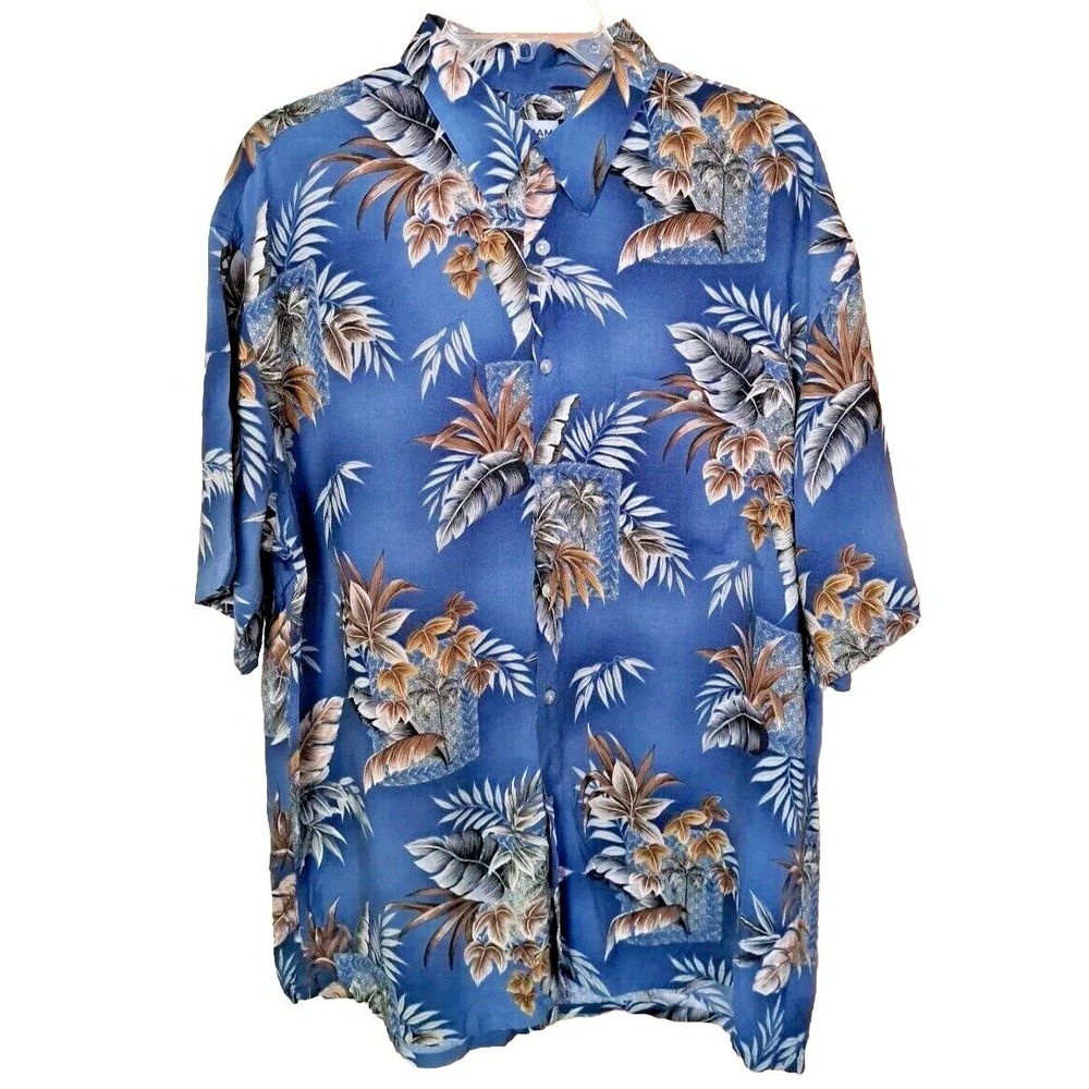 Windham Point Shirt Men Lg Blue Short Sleeve Tropical Hawaiian Print 100% Rayon